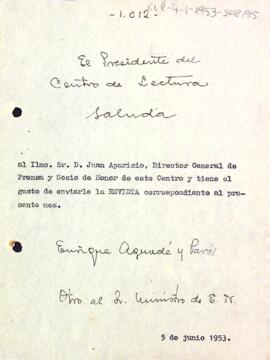Carta del president comunicant l'enviament d'exemplars de la Revista del Centre de Lectura