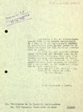 Carta del president a la Comissió organitzadora del III Concurs Provincial d'Art