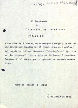 Carta d'agraïment del president al Juan Solé Caralt pel donatiu d'un fulletó patrocinat per la diputació provincial