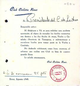 Carta del Club Ciclista Reus al Centre de Lectura