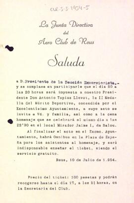 Carta de l'Aero Club de Reus a la Secció Excursionista