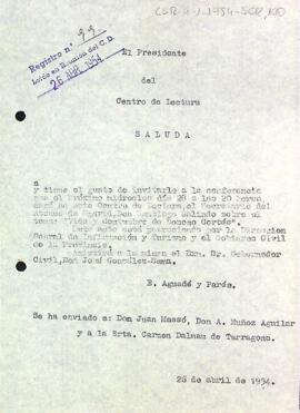 Invitació del president a la conferència del secretari de l'Ateneo de Madrid