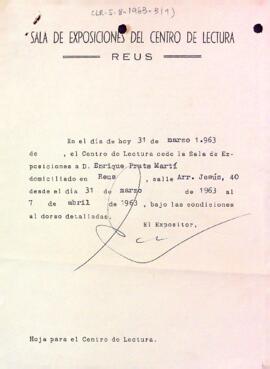 Fitxa de lloguer de la Sala d'Exposicions a Enric Prats Martí