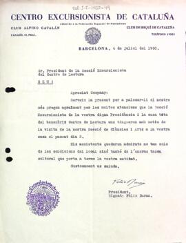 Carta d'agraïment del Centre Excursionista de Catalunya