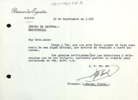Carta de L. Manuel Corral al Centre de Lectura de Reus