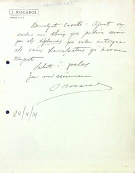 Carta de J. Rocarol adjuntant una proposta de dibuix per uns diplomes