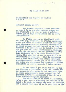 Carta de la Secció Excursionista al president del Centre de Lectura de Valls