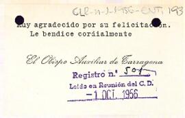 Targeta d'agraïment del bisbe auxiliar de Tarragona al president del Centre de Lectura