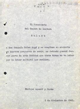 Carta del president a Joaquim Calvo Auge adjuntant imprès de proposta per a fer-se soci de l'entitat