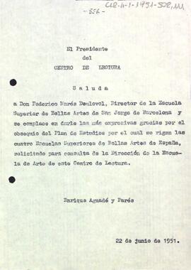 Carta d'agraïment del president al director de la Escuela Superior de Bellas Artes de Sant Jorge de Barcelona pel donatiu d'un exemplar del pla d'estudis de l'entitat