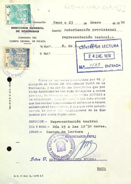 Carta de la delegació provincial al president autoritzant la representació teatral