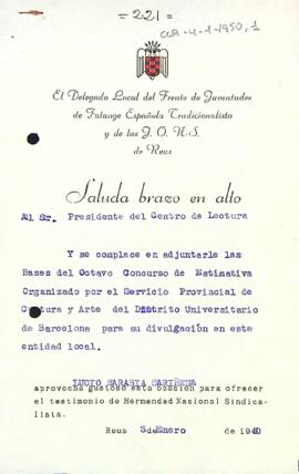 Enviament de les bases d'un concurs per part del Frente de Juventudes de la Falange Española