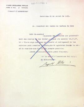 Carta de l'Ateneu Enciclopèdic Popular reclamant números de la Revista del Centre de Lectura