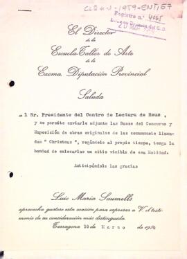 Carta de l'Escola-taller d'Art de la Diputació de Tarragona al president del Centre de Lectura