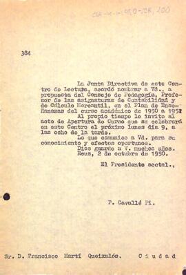 Francisco Martí serà el professor de comptabilitat i càlcul mercantil