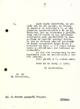 Carta del Centre de Lectura a Manuel Aragonés Virgili