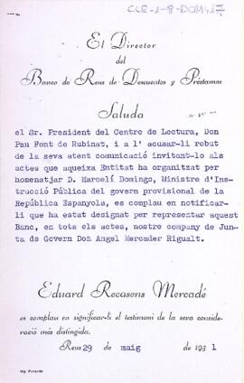 Carta del director del Banc de Reus al president indicant la persona que els representarà en els actes d'homenatge a Marcel·lí Domingo