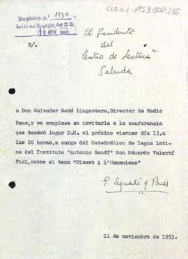 Carta del president a Salvador Sedó Llagostera