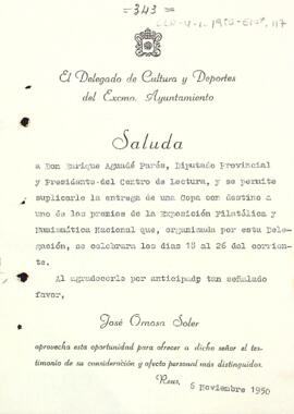 Petició d'una copa per a l'exposició filatèlica i numismàtica nacional