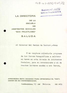 Carta de la director de l'Escola d'Assistents socials "San Fructoso" de Tarragona al president del Centre de Lectura