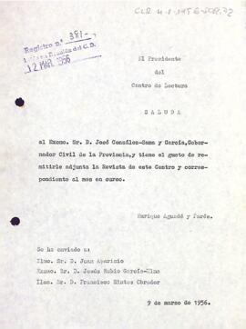 Carta del president comunicant el donatiu de l'últim número de la Revista del Centre