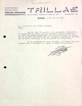Carta de la Fusteria Trillas al Centre de Lectura de Reus