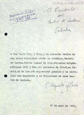 Carta d'agraïment del president a Tomàs Roig i Llop