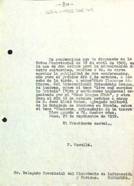 Carta de Pere Cavallé Pi al Delegat Provincial del Ministeri d'Informació