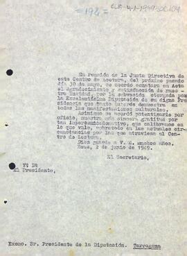 Carta d'agraïment d'Enric Aguadé al president de la diputació de Tarragona per la subvenció atorgada