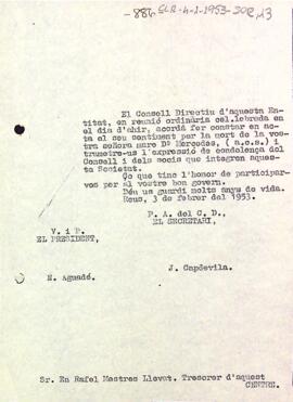 Carta de condol del president a Rafael Mestres Llevat