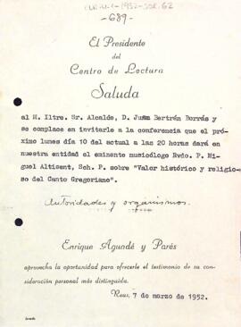 Carta d'Enric Aguadé Parés a l'alcalde de Reus