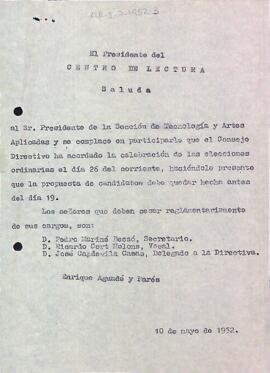 Carta del President del Centre de Lectura a la Secció