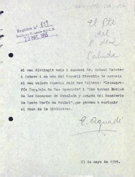 Agraïment a Antoni Sabater pel donatiu de dos llibres