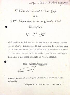 Carta del tinent coronel de la Guàrdia Civil de Tarragona excusant-se per no haver pogut assistir a la conferència