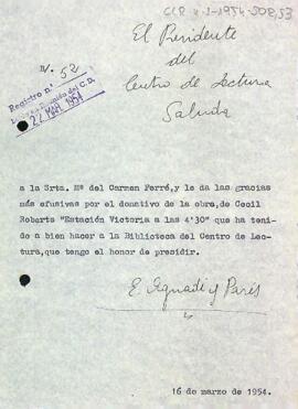 Carta d'agraïment a M. Carme Ferré