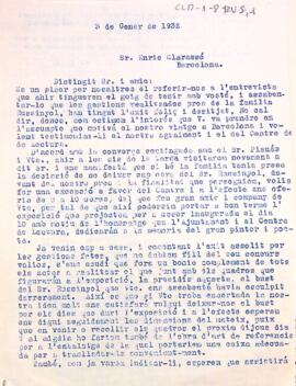 Carta del secretari del Centre de Lectura sol·licitant a Enric Clarassó la deixa del bust de Santiago Rusiñol per a l'exposició en la qual se li vol retre homenatge