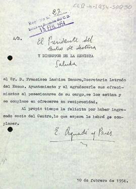 Carta del president al secretari lletrat de l'Ajuntament de Reus