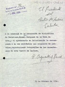 Carta del president a l'Associació de Bibliòfils de Barcelona