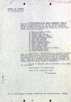Carta del president a José Llombart Juanpere per informar del llistat de directius que es poden beneficiar de les condicions del Teatre Bartrina