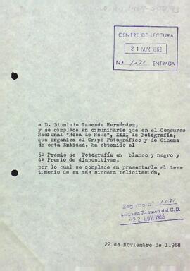 Carta a Dionisio Tasende Hernández comunicant el resultat del Concurs Nacional Rosa de Reus, XIII de Fotografia