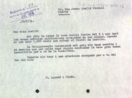 Carta d'agraïment del president a Josep Abelló Pasqual