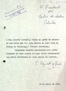 Carta del president a Albert Alabert