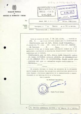 Carta de la delegació provincial al president autoritzant la conferència del pare Josep Vilanova