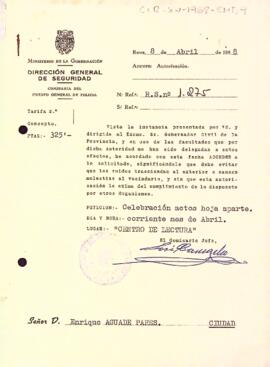 Carta de la direcció general de seguretat al president del Centre de Lectura