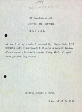 Carta d'agraïment a Ramon Soto