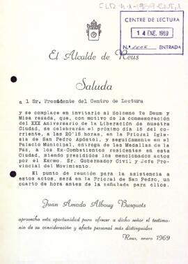 Invitació de l'alcalde de Reus al president del Centre de Lectura