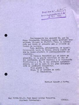 Carta del president a l'alcalde de Reus