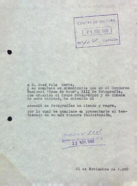 Carta a José Vila Corts comunicant el resultat del Concurs Nacional Rosa de Reus, XIII de Fotografia