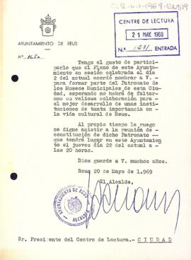 Carta de l'alcalde de Reus al president del Centre de Lectura