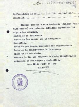 Notificació de la Comissaria del Cos General de Policia de Reus sol·licitant dades sobre l'entitat